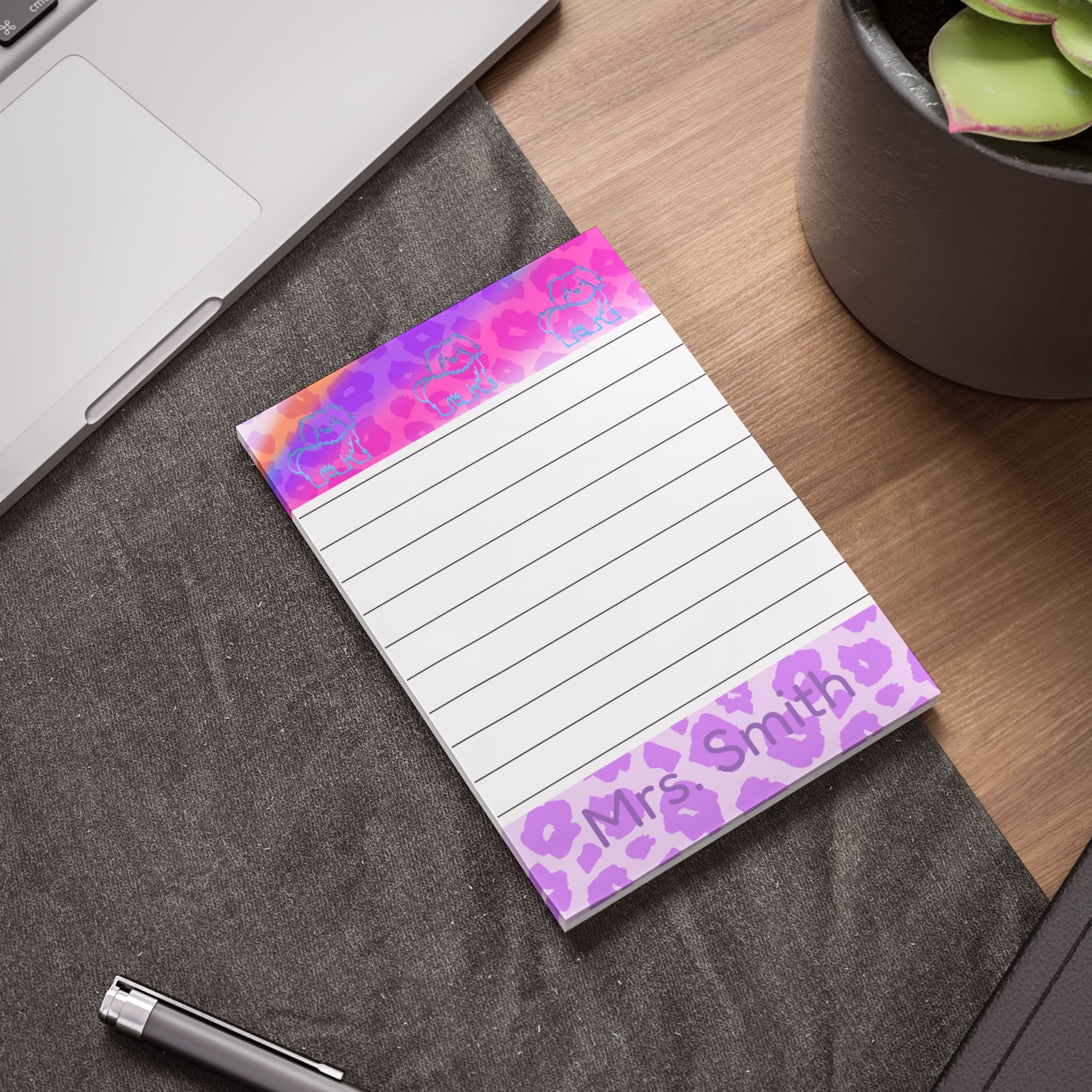 Personalized Maltese Neon Leopard Border 4x6 Lined Post-it Note Pad